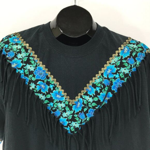Vintage Hanes Floral Fringe Short Sleeve Tee Adult Size XL Black Embellished 90s - Picture 4 of 12